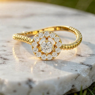 Close-up: Round Diamond Ring with Halo Setting in 14k Yellow Gold - Lab Grown - Driona Jewels