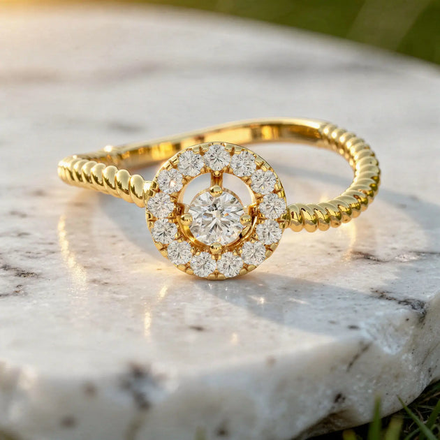 Close-up: Round Diamond Ring with Halo Setting in 14k Yellow Gold - Lab Grown - Driona Jewels