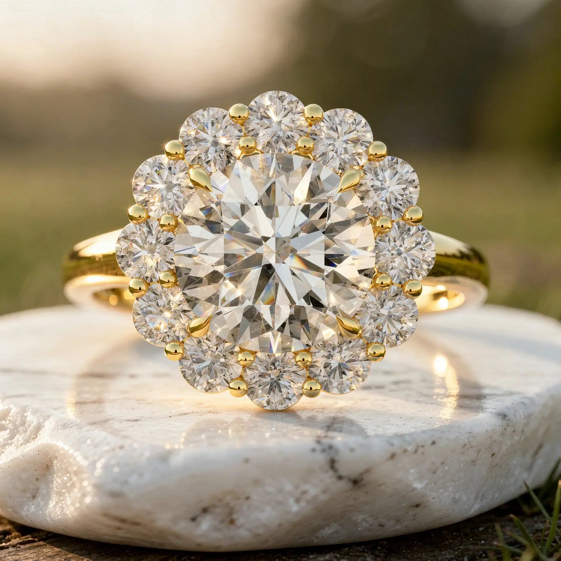 Close-up: Round Diamond Ring with Halo Setting in 14k Yellow Gold - Lab Grown - Driona Jewels