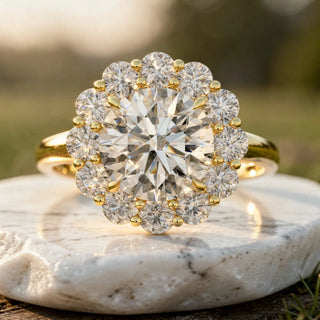 Close-up: Round Diamond Ring with Halo Setting in 14k Yellow Gold - Lab Grown - Driona Jewels