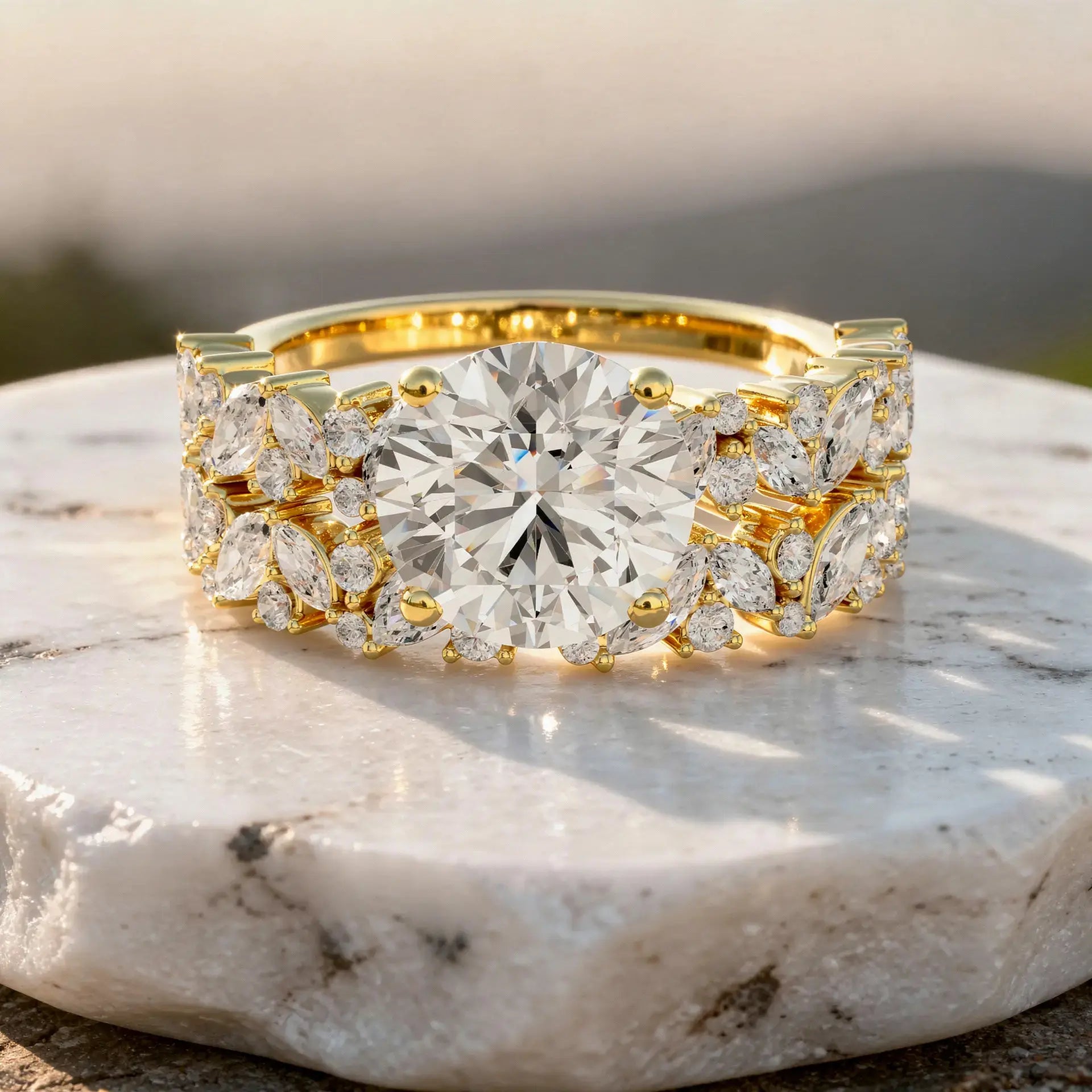 Front-view: Round Diamond Ring with Halo Setting in 14k Yellow Gold - Lab Grown - Driona Jewels