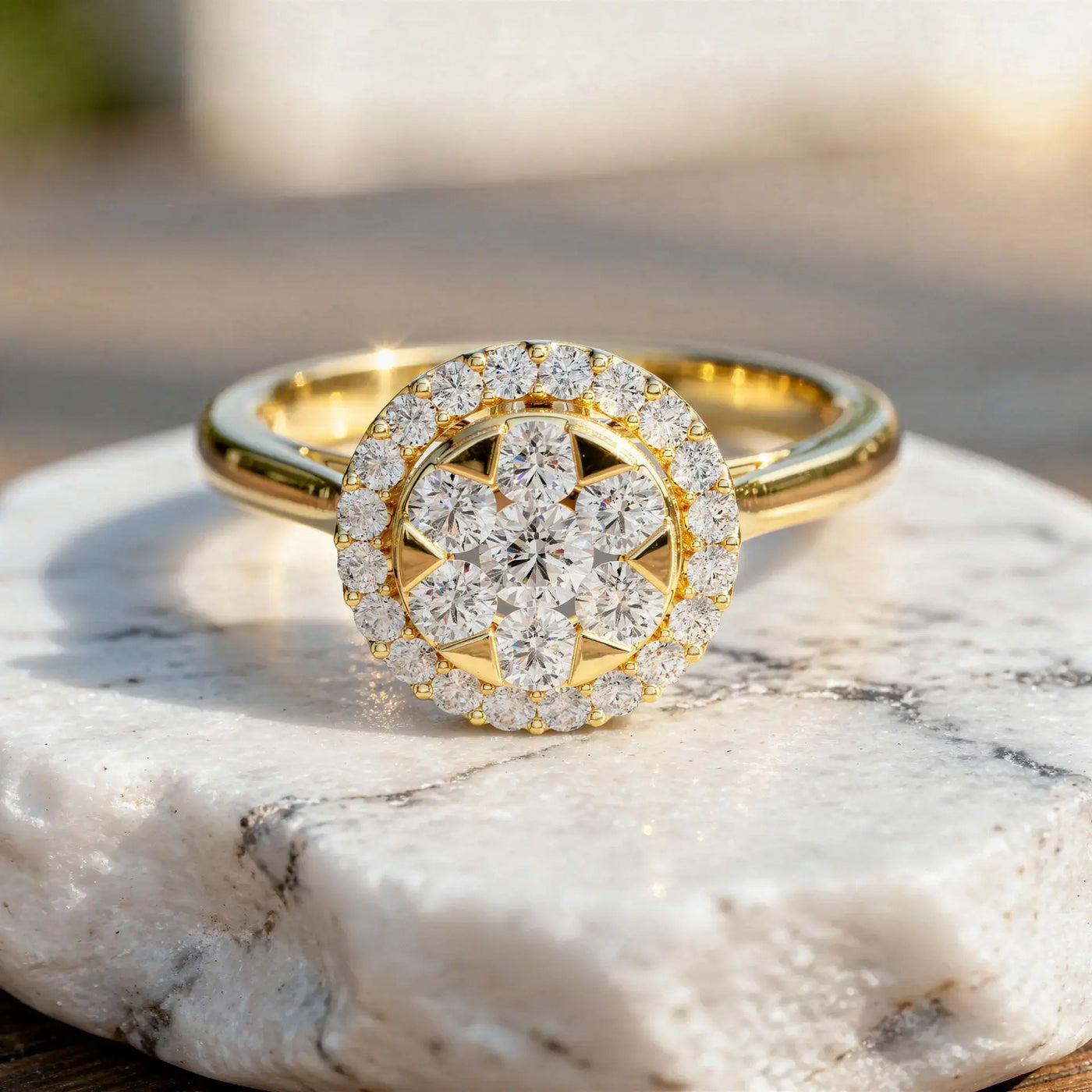 Front-view: Round Diamond Ring with Halo Setting in 14k Yellow Gold - Lab Grown - Driona Jewels