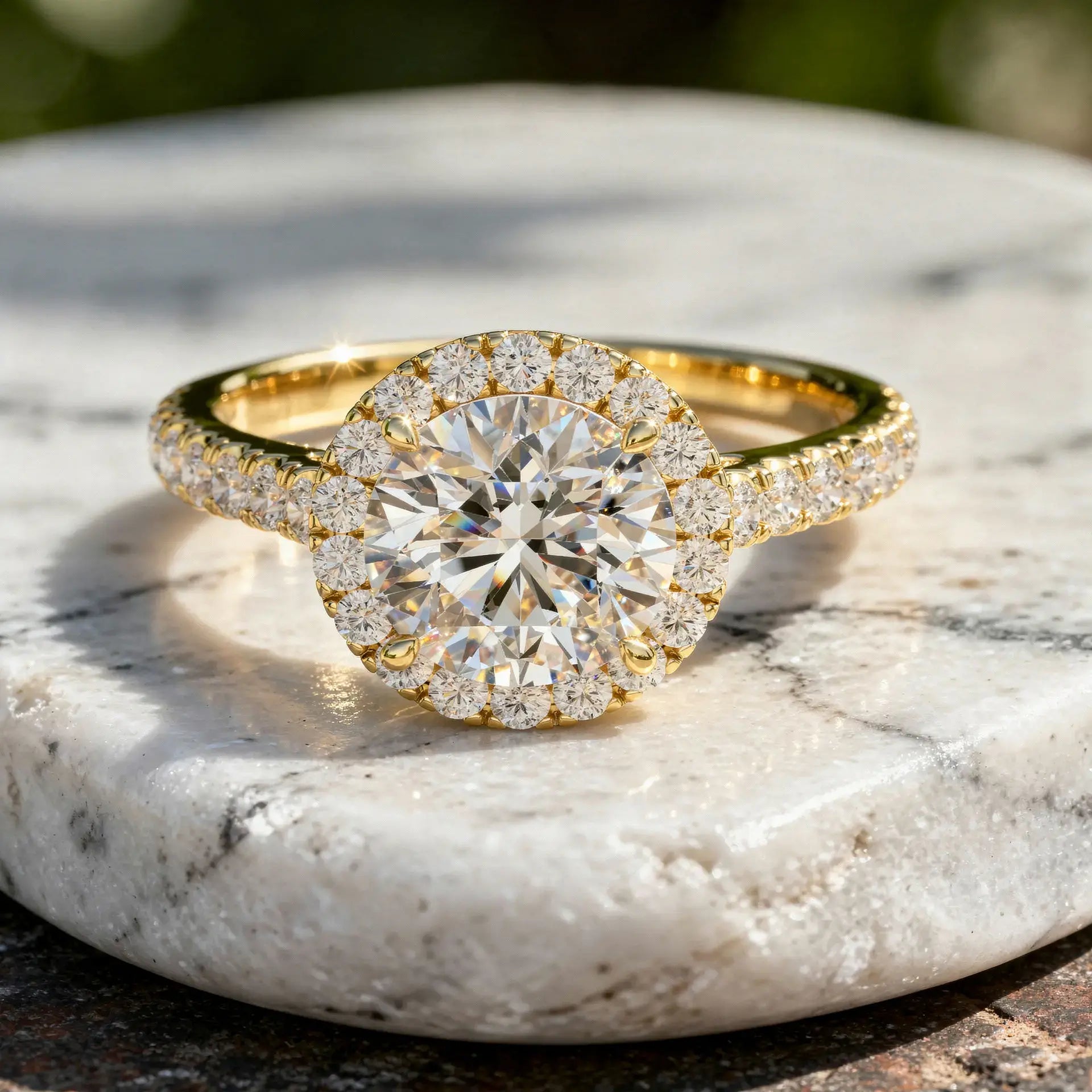 Front-view: Round Diamond Engagement Ring with Halo Setting in 14k Yellow Gold - Lab Grown - Driona Jewels