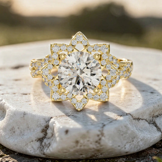Front-view: Round Diamond Engagement Ring with Halo Setting in 14k Yellow Gold - Lab Grown - Driona Jewels