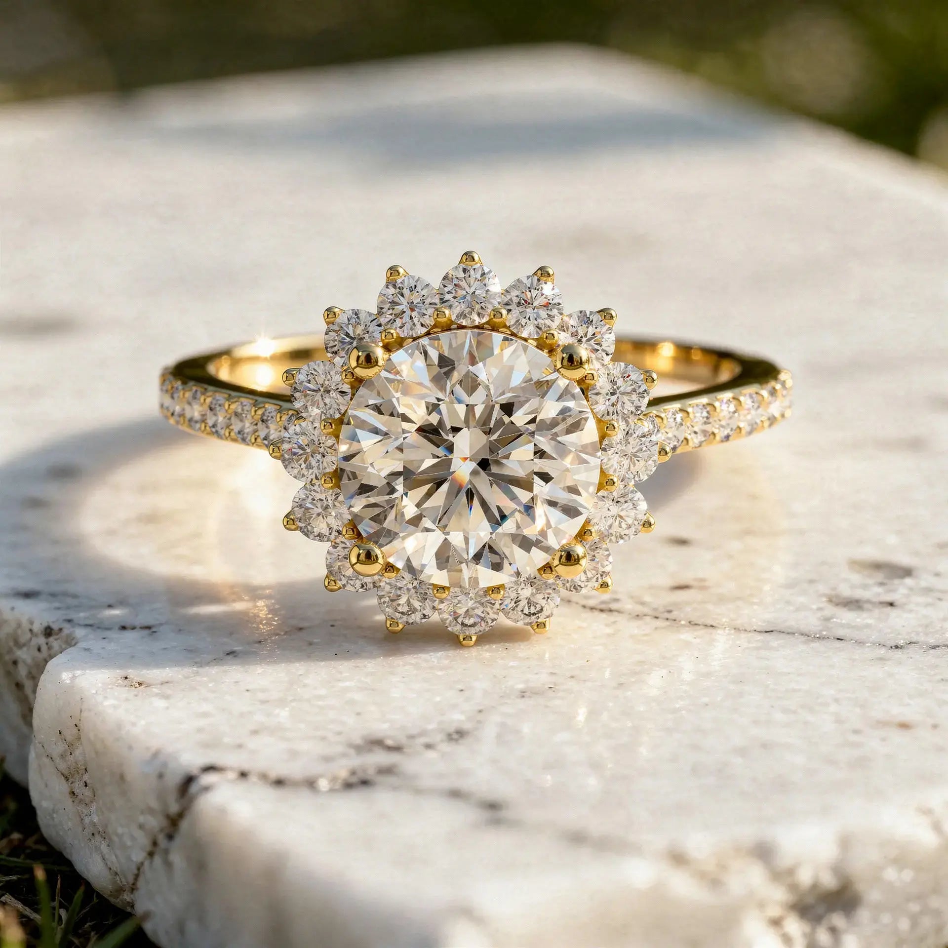Front-view: Round Diamond Ring with Halo Setting in 14k Yellow Gold - Lab Grown - Driona Jewels