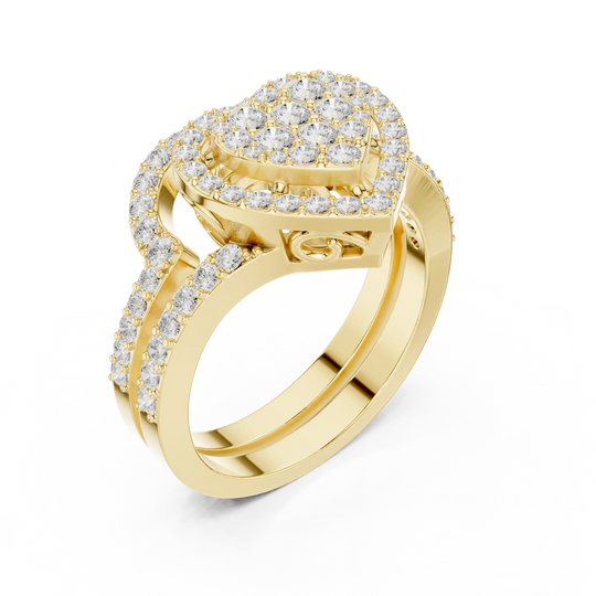 Three-quarter-view: Round Diamond Ring with Halo Setting in 14k Yellow Gold - Lab Grown - Driona Jewels