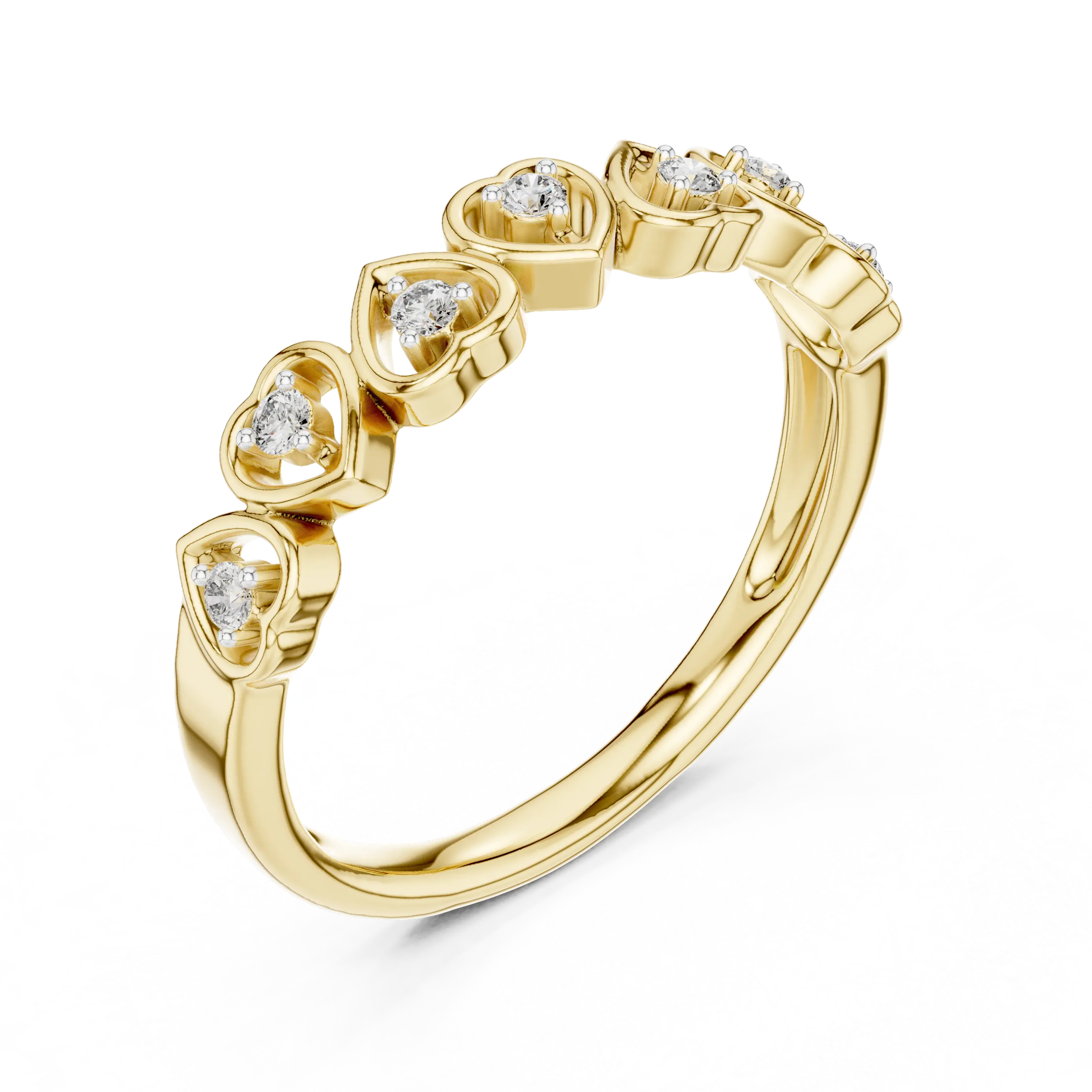 Angle view: Round Diamond Ring with Heart Band Setting in 14k Yellow Gold – Lab Grown – Driona Jewels
