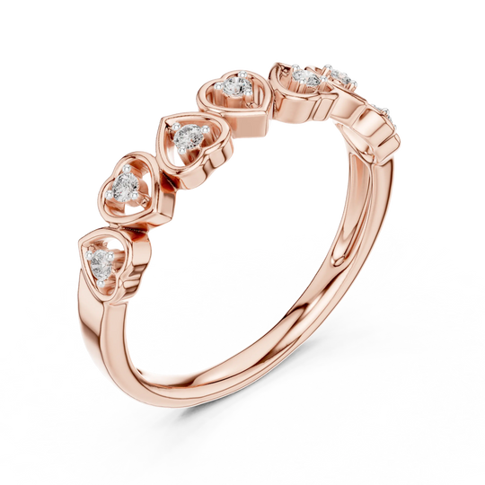 Angle View: Round Diamond Ring with Heart-shaped Setting in 14K Rose Gold – Lab Grown – Driona Jewels
