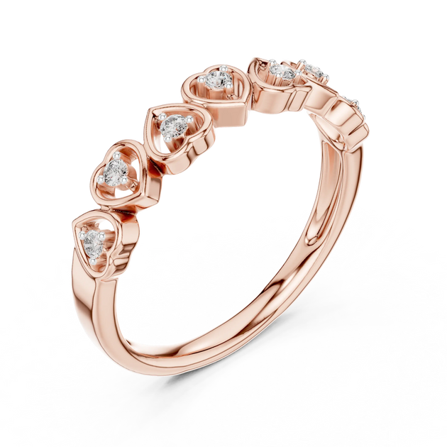 Angle View: Round Diamond Ring with Heart-shaped Setting in 14K Rose Gold – Lab Grown – Driona Jewels
