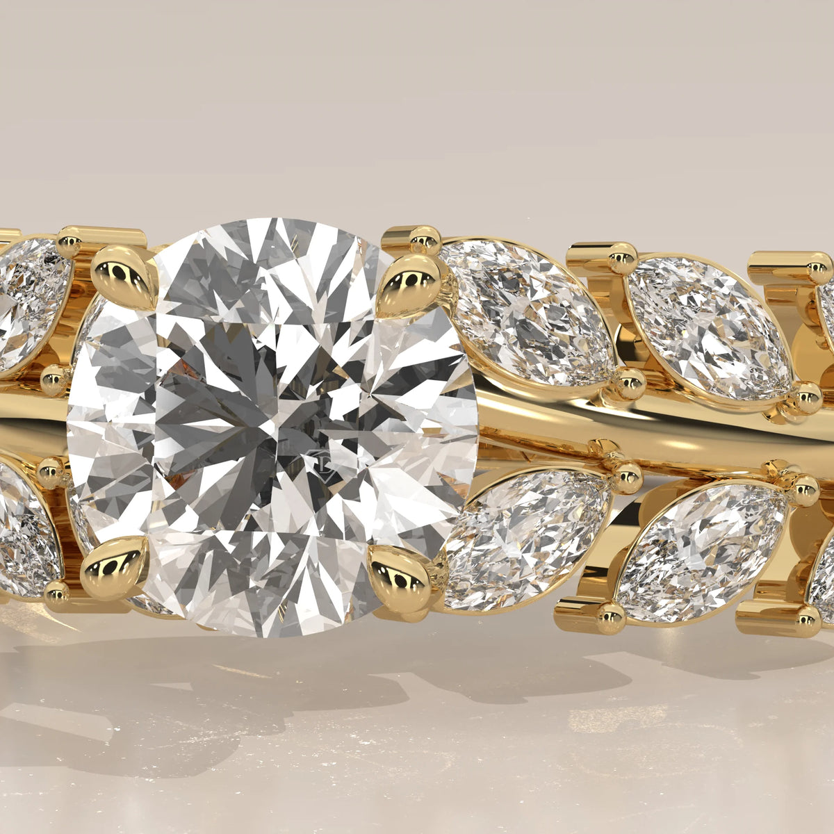 Round Lab Grown Diamond Ring with Double Marquise Leaf Band in yellow gold, shown on a plain background.