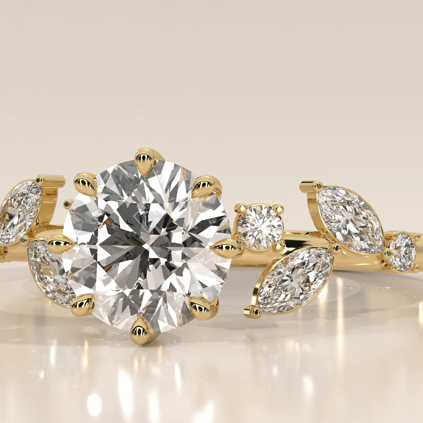 A delicate gold ring with a round diamond and leaf-shaped accents.