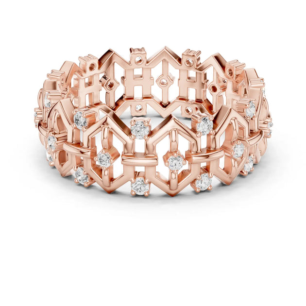 Three-quarter-view Round Diamond Ring with Pav Setting in 14k Rose Gold - Lab Grown - Driona Jewels