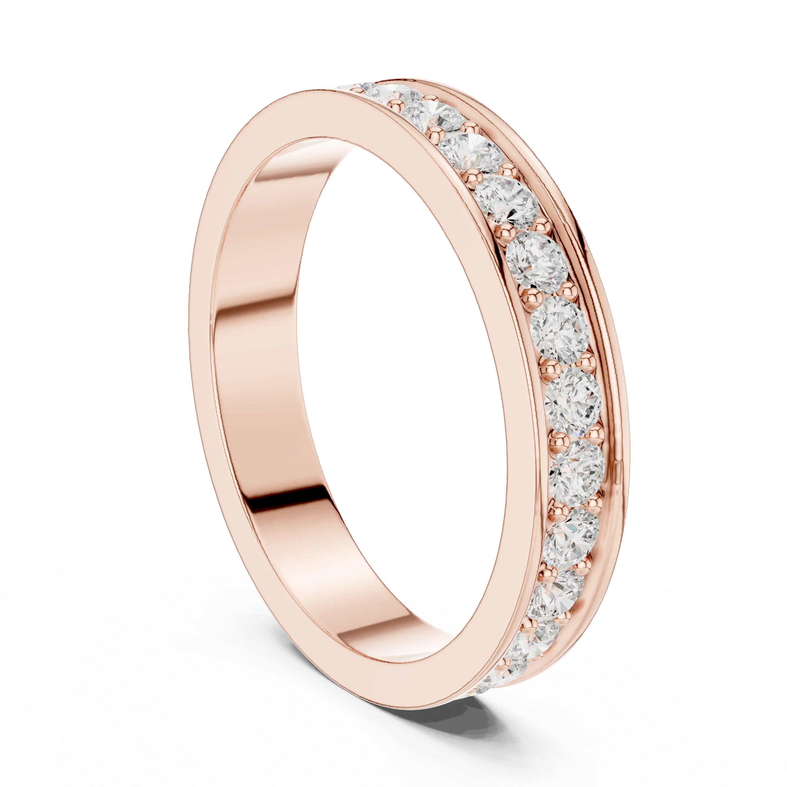 Angle View: Round Diamond Ring with Pave Setting in 14K Rose Gold – Lab Grown – Driona Jewels
