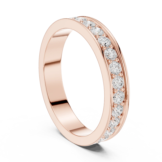 Angle View: Round Diamond Ring with Pave Setting in 14K Rose Gold – Lab Grown – Driona Jewels
