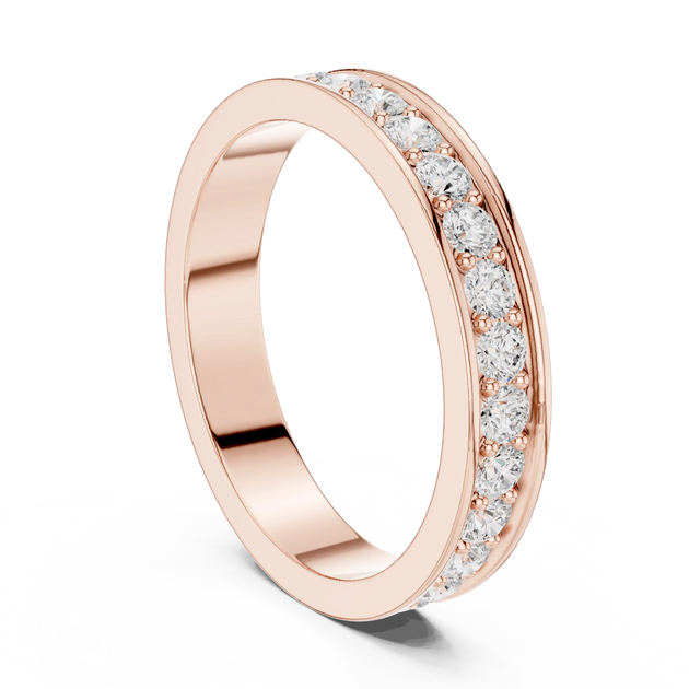 Angle View: Round Diamond Ring with Pave Setting in 14K Rose Gold – Lab Grown – Driona Jewels
