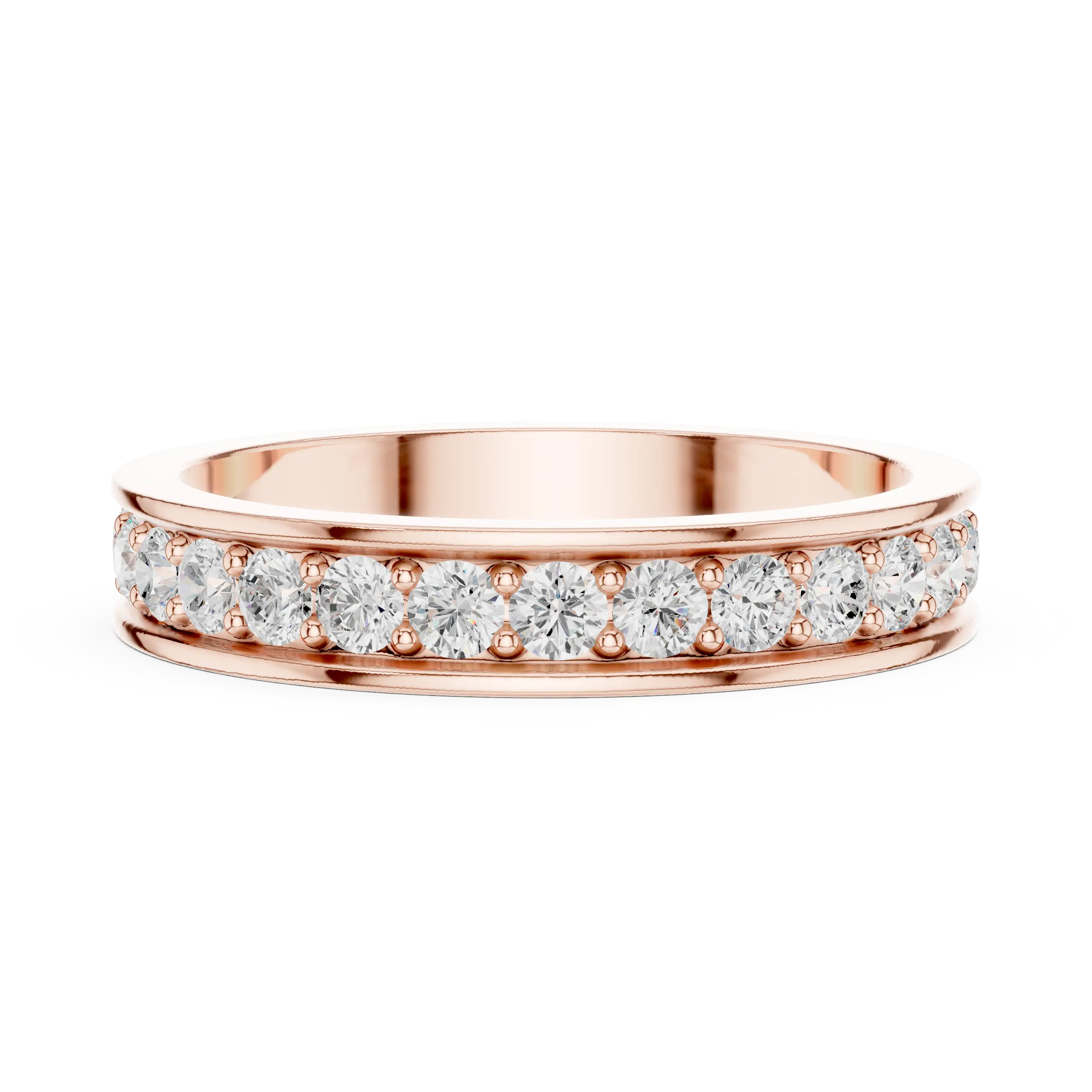 Angle View: Round Diamond Ring with Pave Setting in 14K Rose Gold – Lab Grown – Driona Jewels
