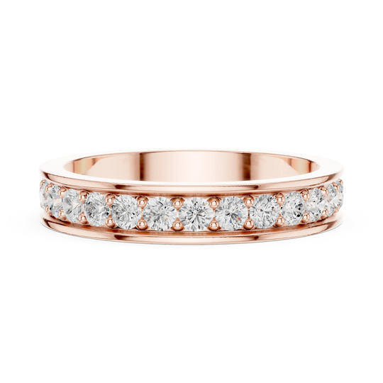 Angle View: Round Diamond Ring with Pave Setting in 14K Rose Gold – Lab Grown – Driona Jewels
