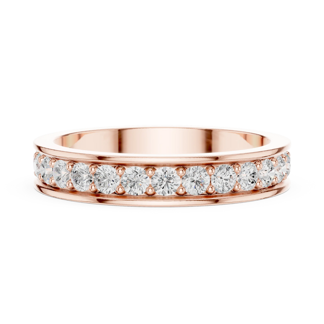 Angle View: Round Diamond Ring with Pave Setting in 14K Rose Gold – Lab Grown – Driona Jewels
