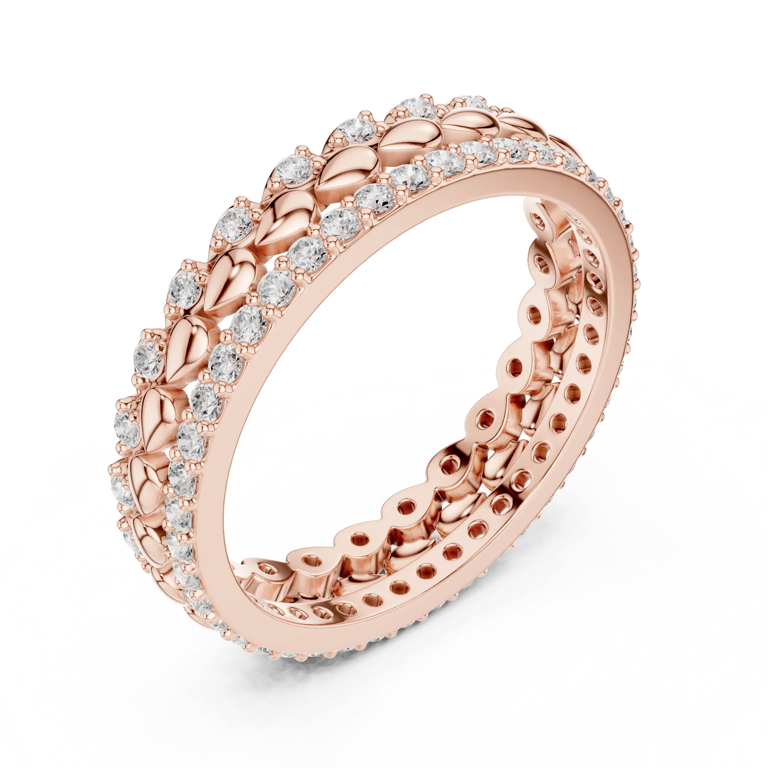 Band Detail: Round Diamond Ring with Pave Setting in 14k Rose Gold - Lab Grown - Driona Jewels