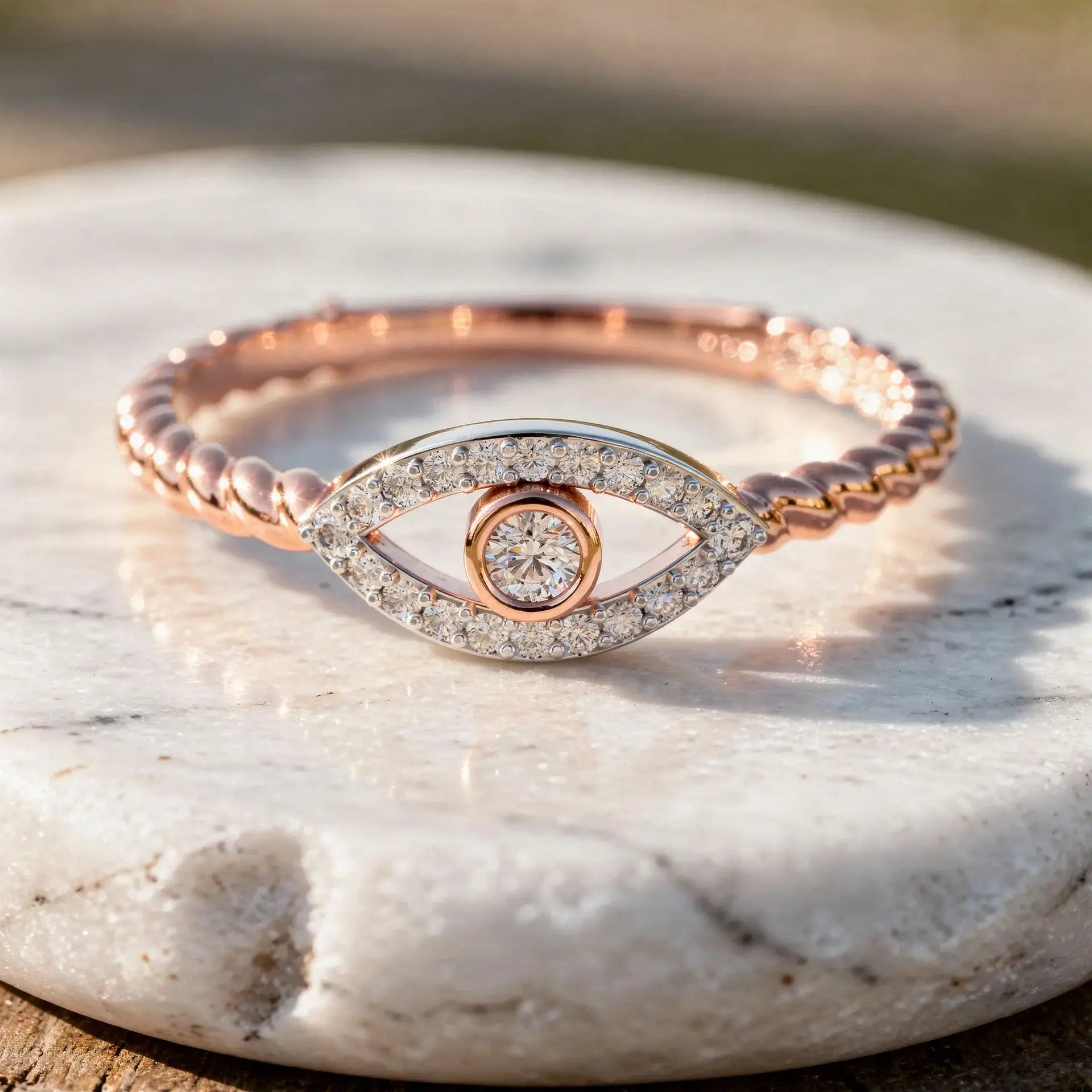 Close-up: Round Diamond Ring with Pave Setting in 14k Rose Gold - Lab Grown - Driona Jewels