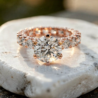 Close-up: Round Diamond Engagement Ring with Pave Setting in 14k Rose Gold - Lab Grown - Driona Jewels
