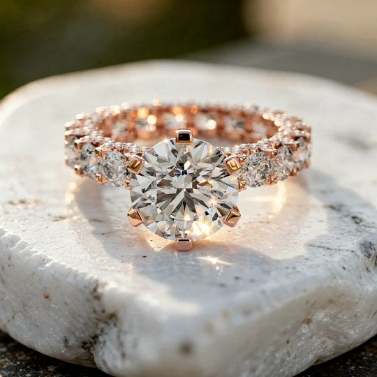 Close-up: Round Diamond Engagement Ring with Pave Setting in 14k Rose Gold - Lab Grown - Driona Jewels