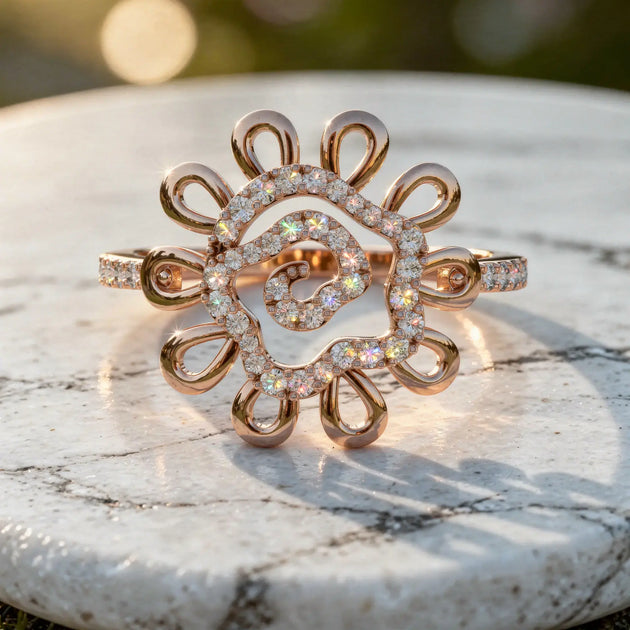 Close-up: Round Diamond Ring with Pave Setting in 14k Rose Gold - Lab Grown - Driona Jewels