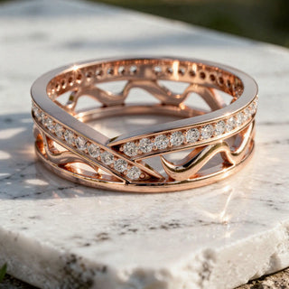 Close-up: Round Diamond Ring with Pave Setting in 14k Rose Gold - Lab Grown - Driona Jewels