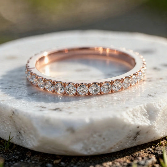 Close-up: Round Diamond Eternity Band with Pave Setting in 14k Rose Gold - Lab Grown - Driona Jewels