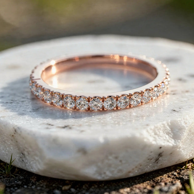 Close-up: Round Diamond Eternity Band with Pave Setting in 14k Rose Gold - Lab Grown - Driona Jewels