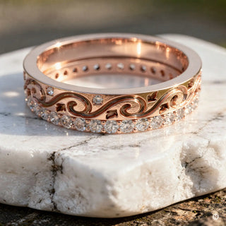 Close-up: Round Diamond Ring with Pave Setting in 14k Rose Gold - Lab Grown - Driona Jewels