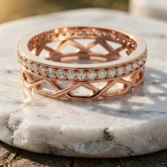 Close-up: Round Diamond Ring with Pave Setting in 14k Rose Gold - Lab Grown - Driona Jewels