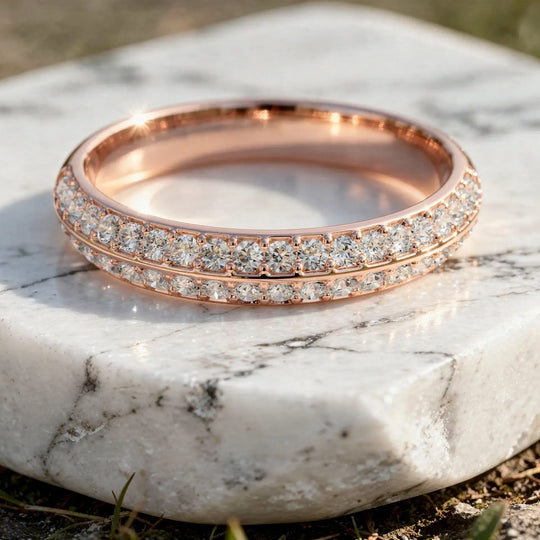 Close-up: Round Diamond Ring with Pave Setting in 14k Rose Gold - Lab Grown - Driona Jewels