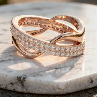 Close-up: Round Diamond Ring with Pave Setting in 14k Rose Gold - Lab Grown - Driona Jewels