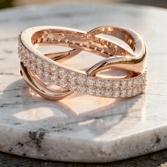 Close-up: Round Diamond Ring with Pave Setting in 14k Rose Gold - Lab Grown - Driona Jewels