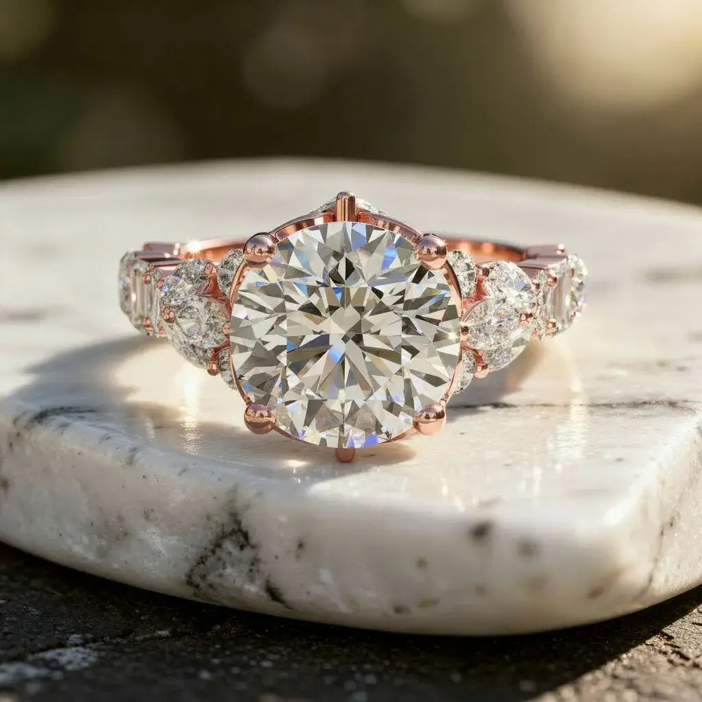 Close-up: Round Diamond Engagement Ring with Pave Setting in 14k Rose Gold - Lab Grown - Driona Jewels