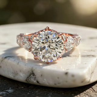 Close-up: Round Diamond Engagement Ring with Pave Setting in 14k Rose Gold - Lab Grown - Driona Jewels