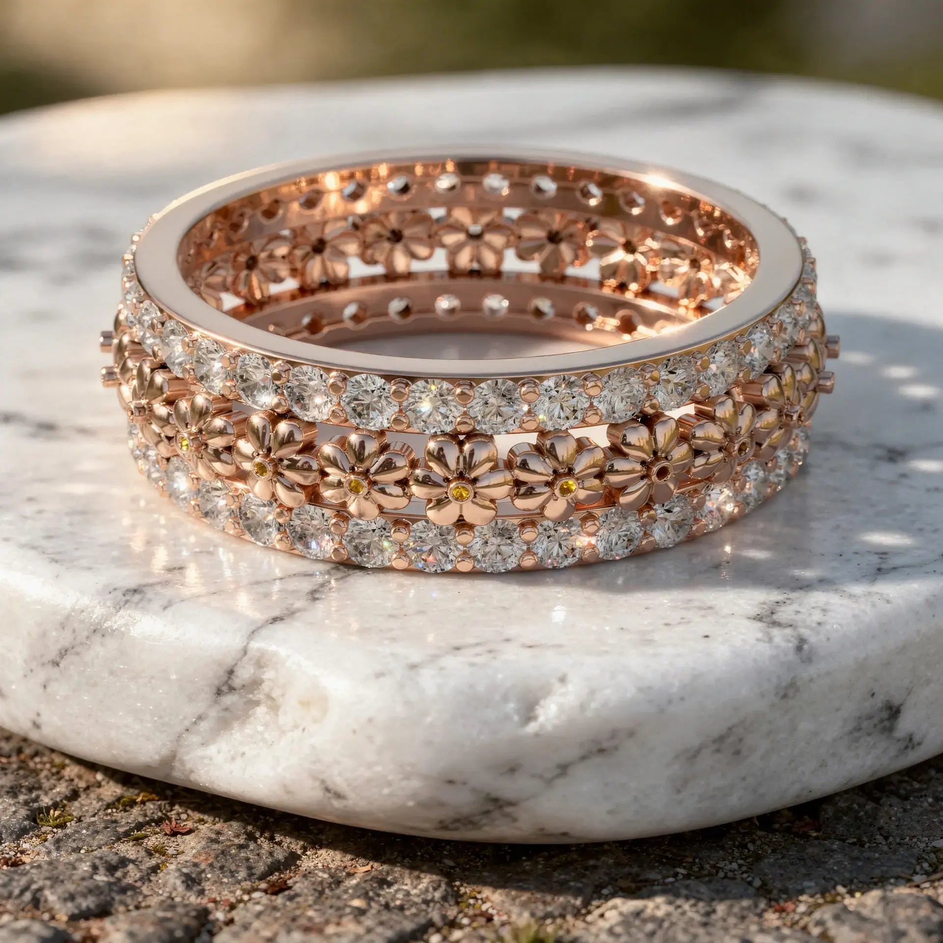Close-up: Round Diamond Ring with Pave Setting in 14k Rose Gold - Lab Grown - Driona Jewels
