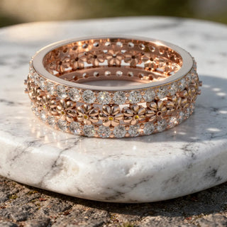 Close-up: Round Diamond Ring with Pave Setting in 14k Rose Gold - Lab Grown - Driona Jewels