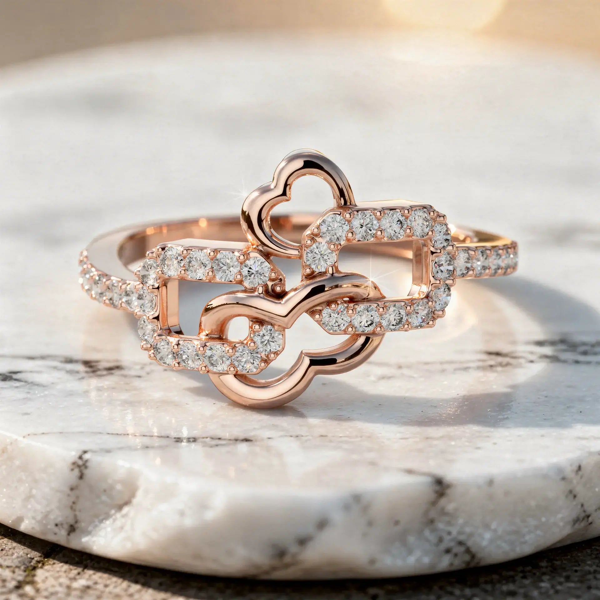 Close-up: Round Diamond Ring with Pave Setting in 14k Rose Gold - Lab Grown - Driona Jewels