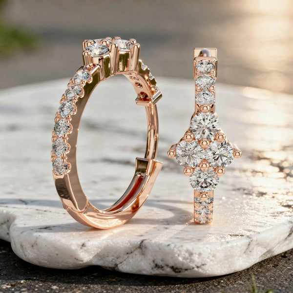 Flat Lay: Round Diamond Ring with Pave Setting in 14k Rose Gold - Lab Grown - Driona Jewels