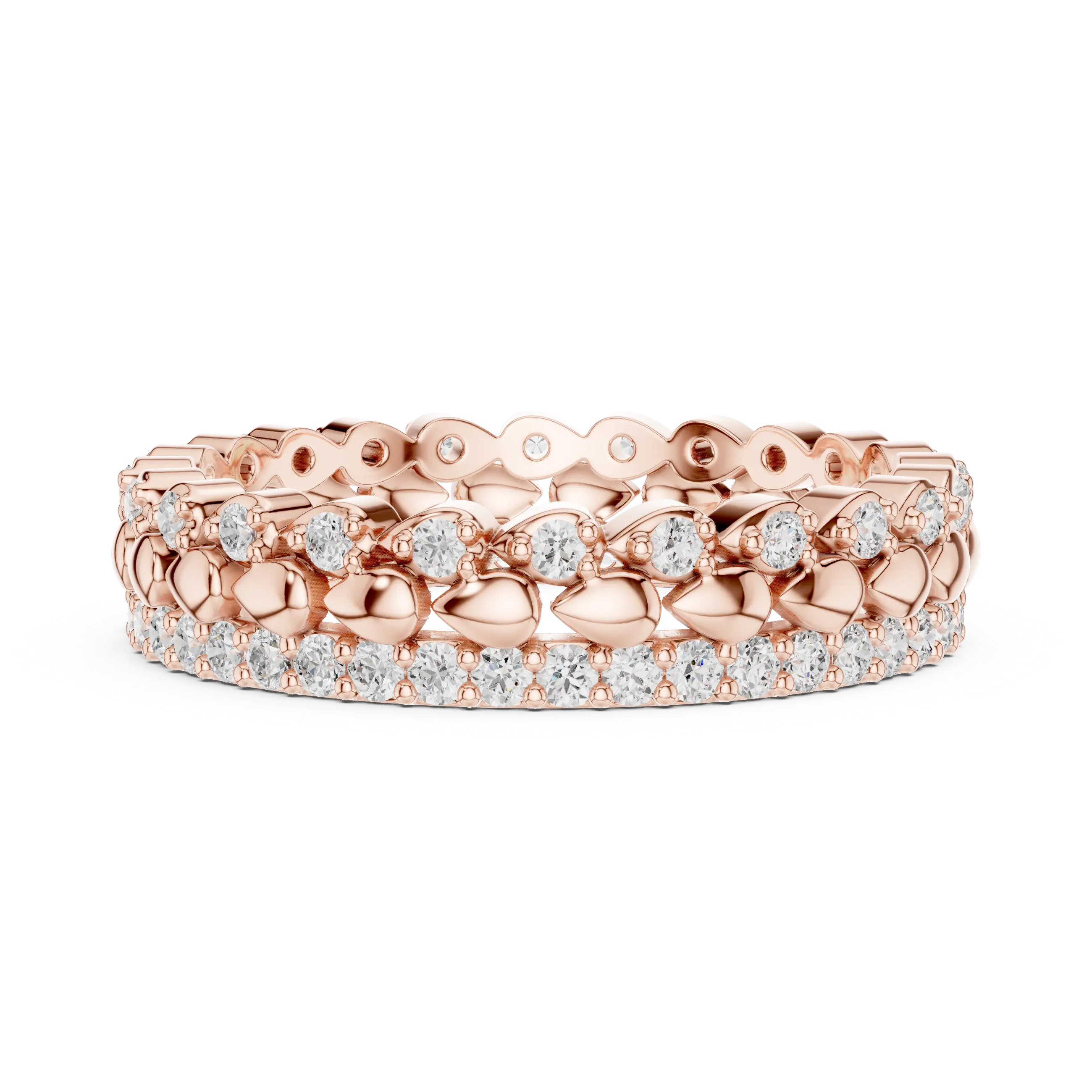 Flat-Lay: Round Diamond Ring with Pave Setting in 14k Rose Gold - Lab Grown - Driona Jewels
