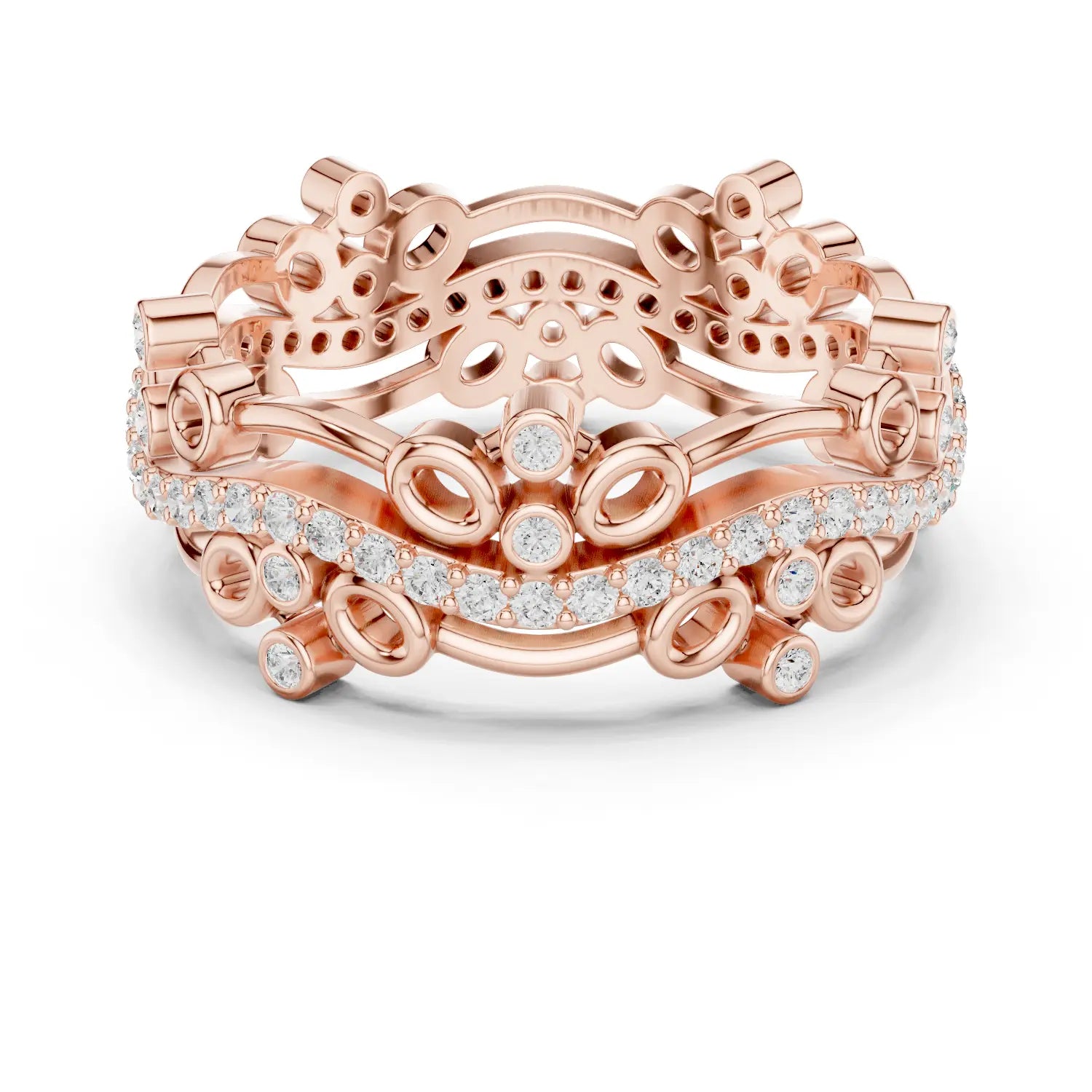Front-view: Round Diamond Ring with Pave Setting in 14k Rose Gold - Lab Grown - Driona Jewels