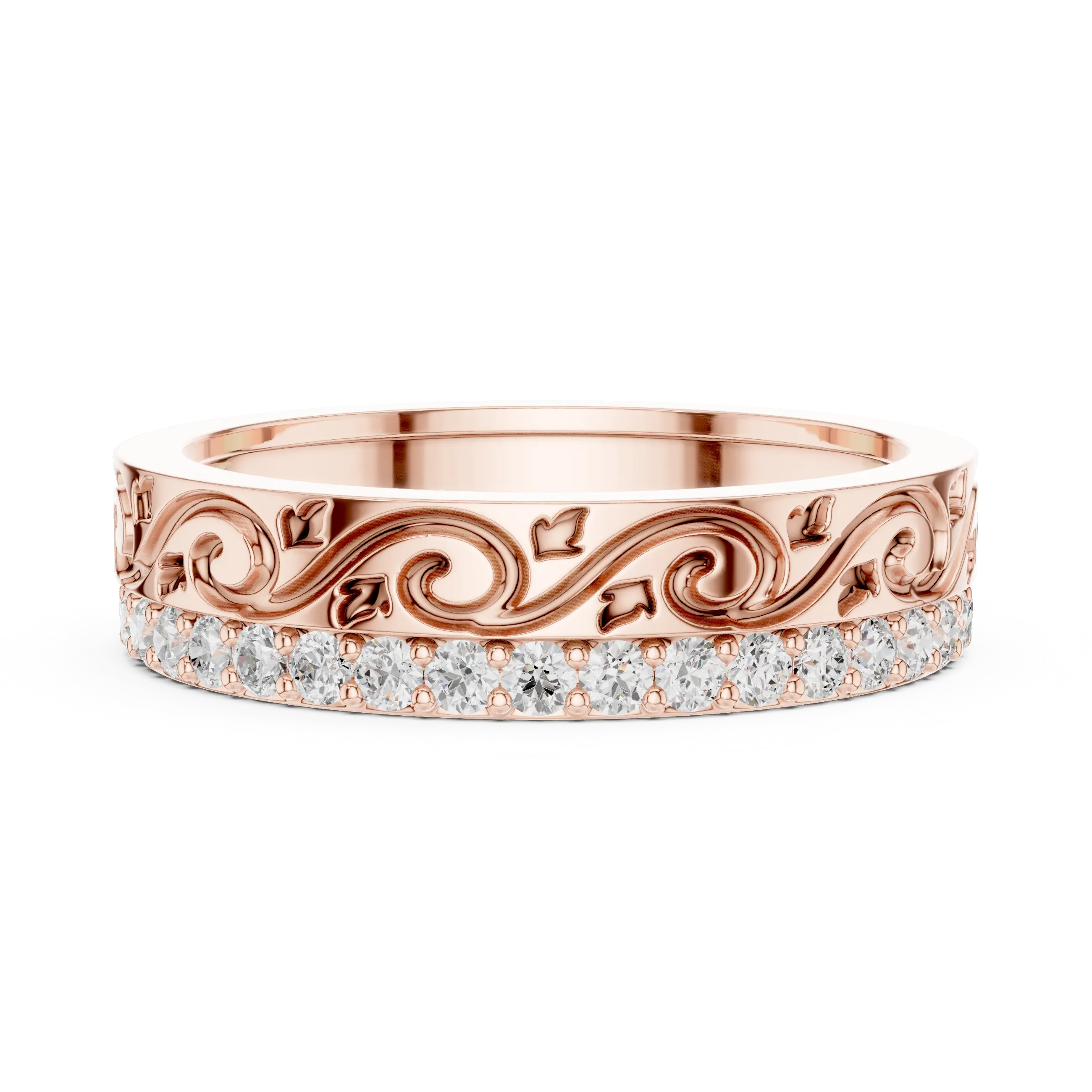 Front-View: Round Diamond Ring with Pave Setting in 14k Rose Gold - Lab Grown - Driona Jewels