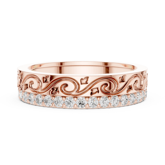 Front-View: Round Diamond Ring with Pave Setting in 14k Rose Gold - Lab Grown - Driona Jewels