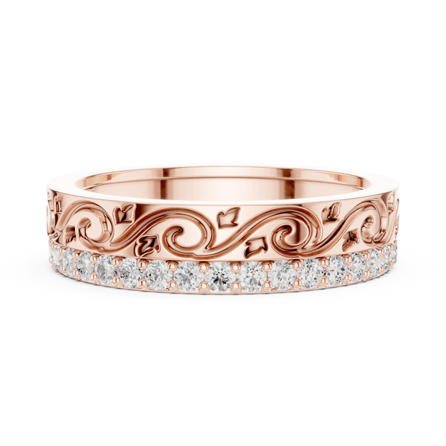 Front-View: Round Diamond Ring with Pave Setting in 14k Rose Gold - Lab Grown - Driona Jewels