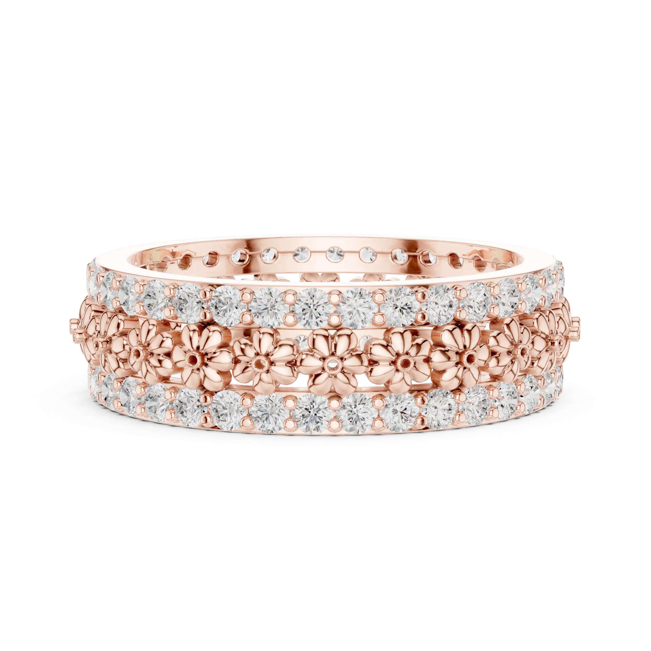 Front-View: Round Diamond Ring with Pave Setting in 14k Rose Gold - Lab Grown - Driona Jewels