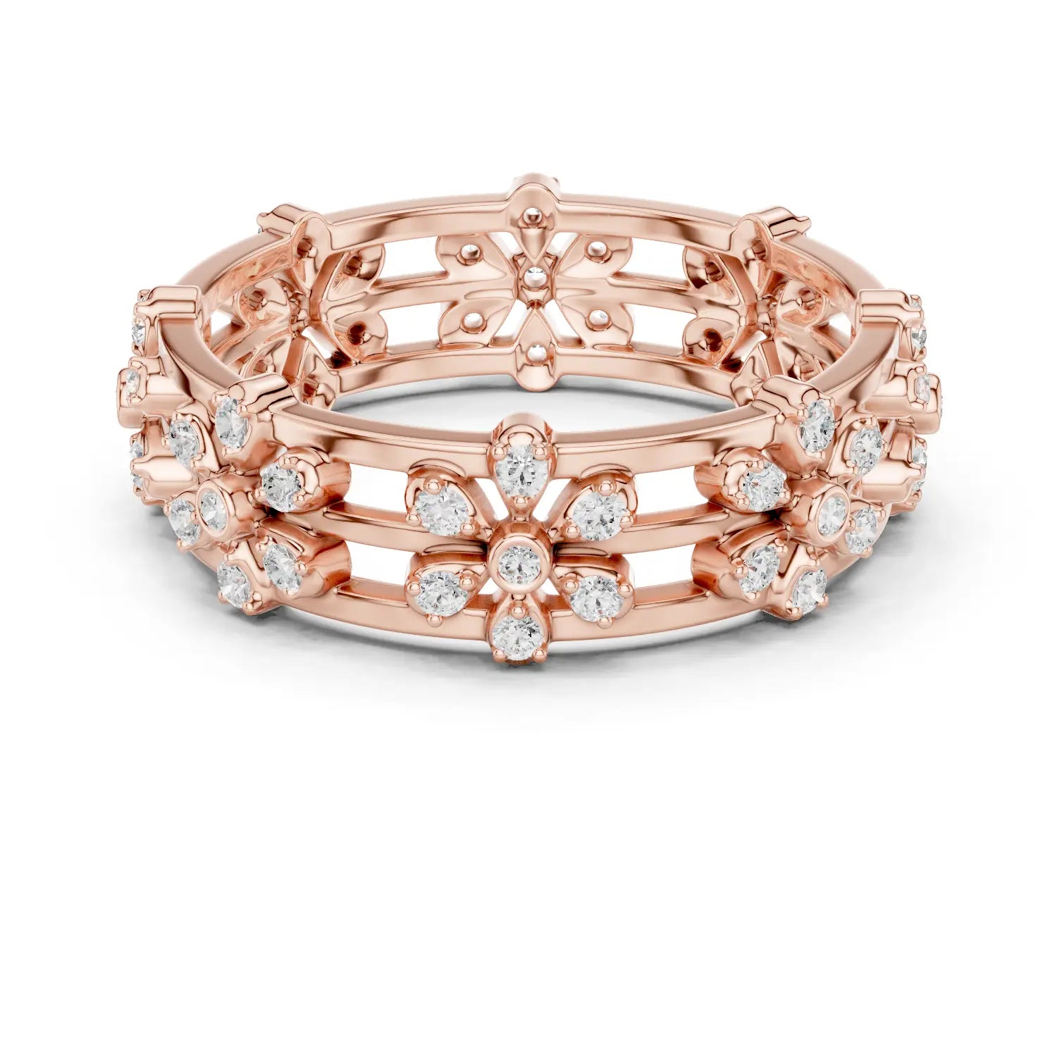 Front-View: Round Diamond Ring with Pave Setting in 14k Rose Gold - Lab Grown - Driona Jewels