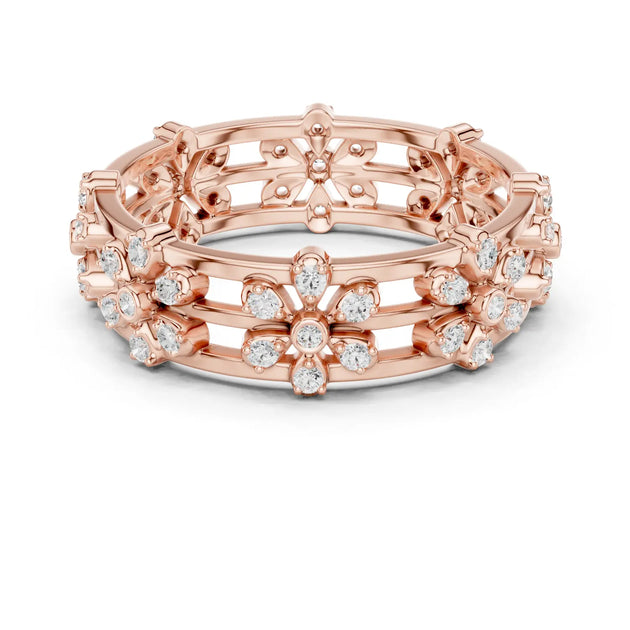 Front-View: Round Diamond Ring with Pave Setting in 14k Rose Gold - Lab Grown - Driona Jewels