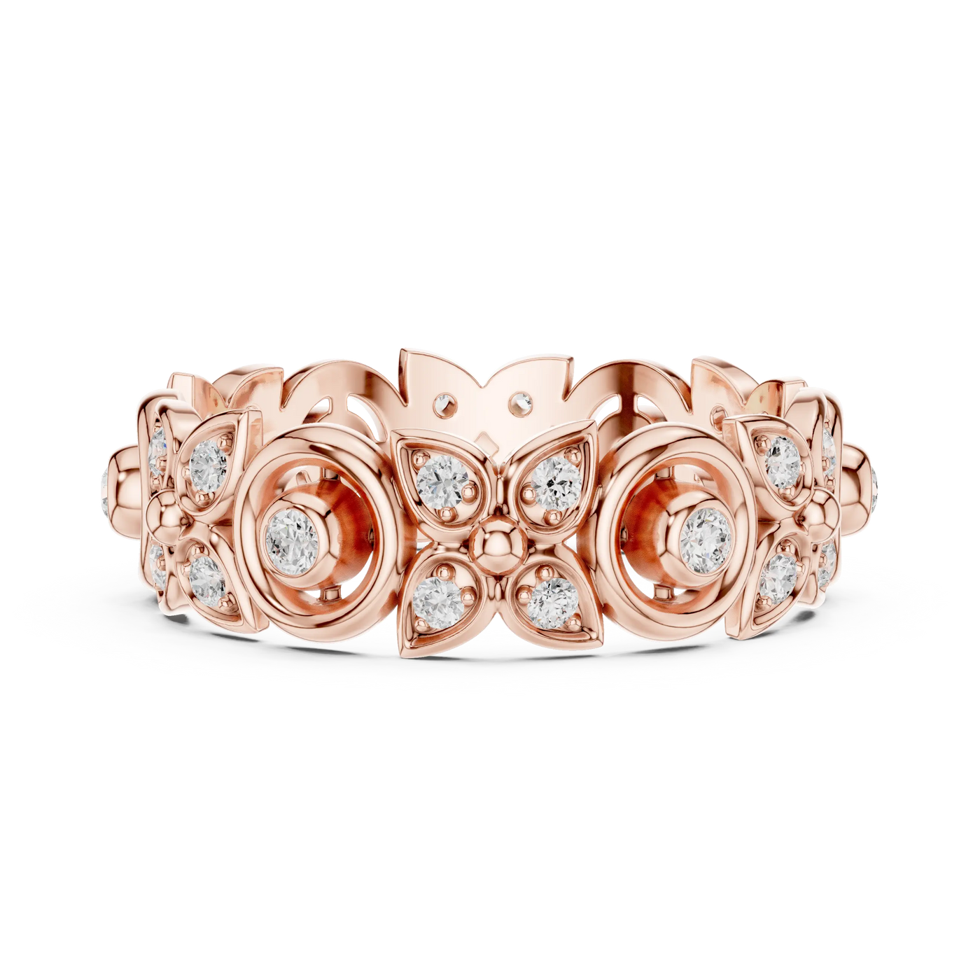 Front-View: Round Diamond Ring with Pave Setting in 14k Rose Gold - Lab Grown - Driona Jewels
